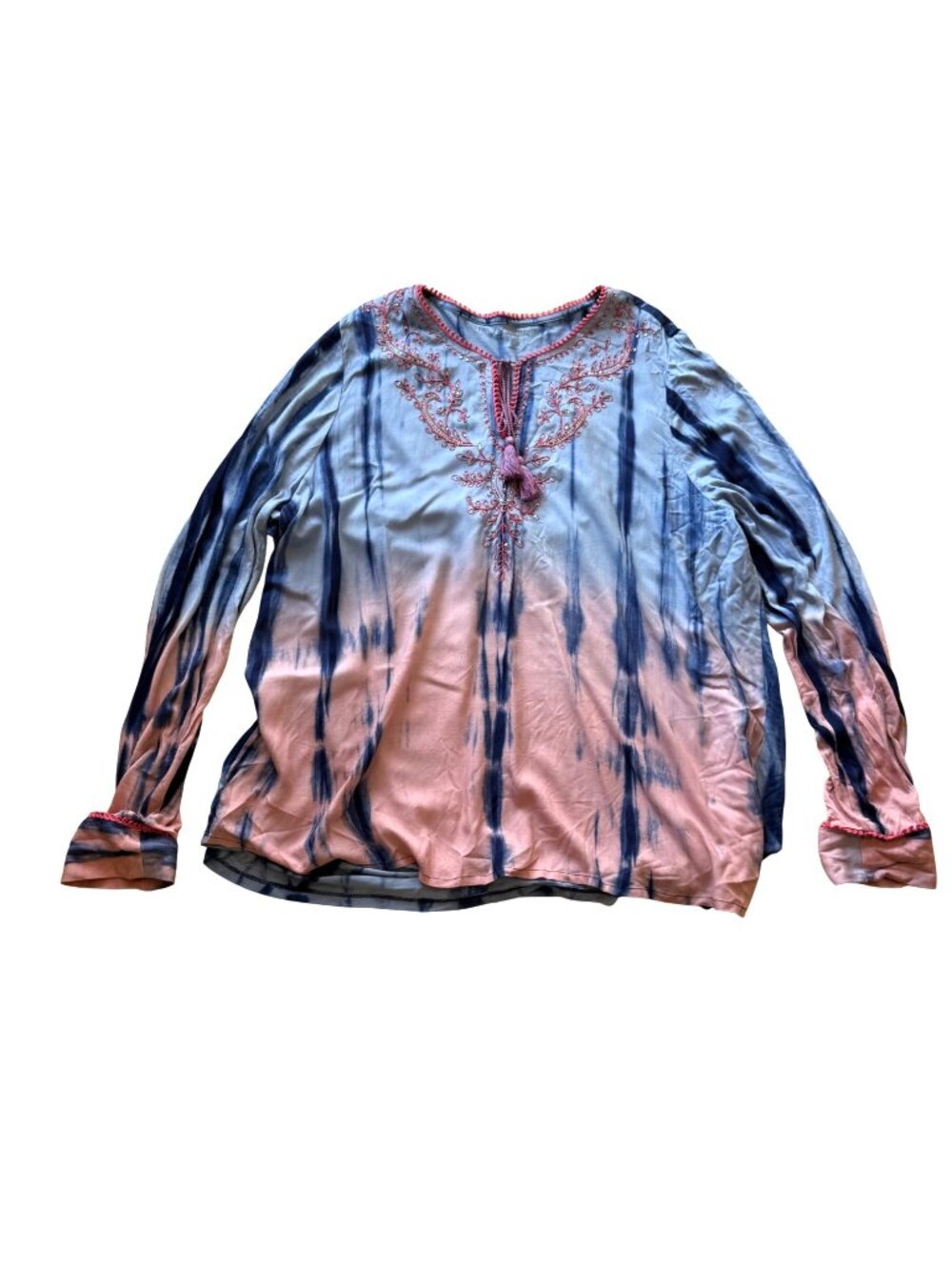 Soft Surroundings Women's Peasant Top 1X Medina Blue Tie-Dye Embroidered Sequins